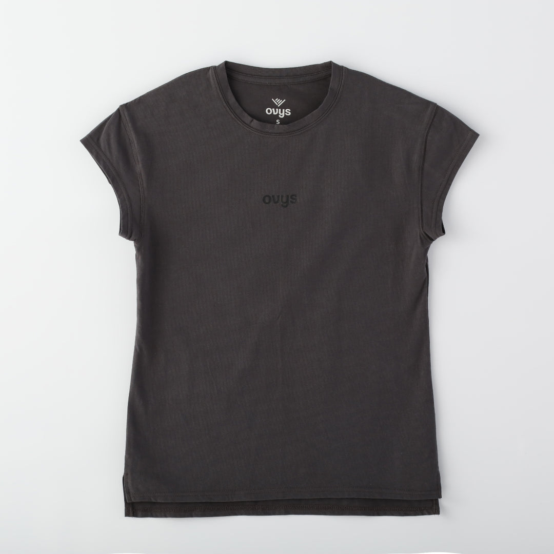 レディースオーガニックコットンストレッチタイトフィットTシャツのOFF BLACKの平置き画像です